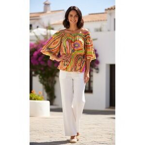 Trina Turk 100%‎ Silk Boho Tunic Top Blouse Size L – Multicolor Retro Print